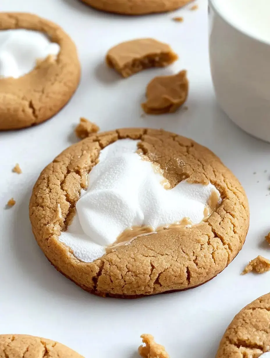 Gros plan sur des cookies au beurre de cacahuète nappés de crème fouettée, avec des miettes et un verre de lait à côté.