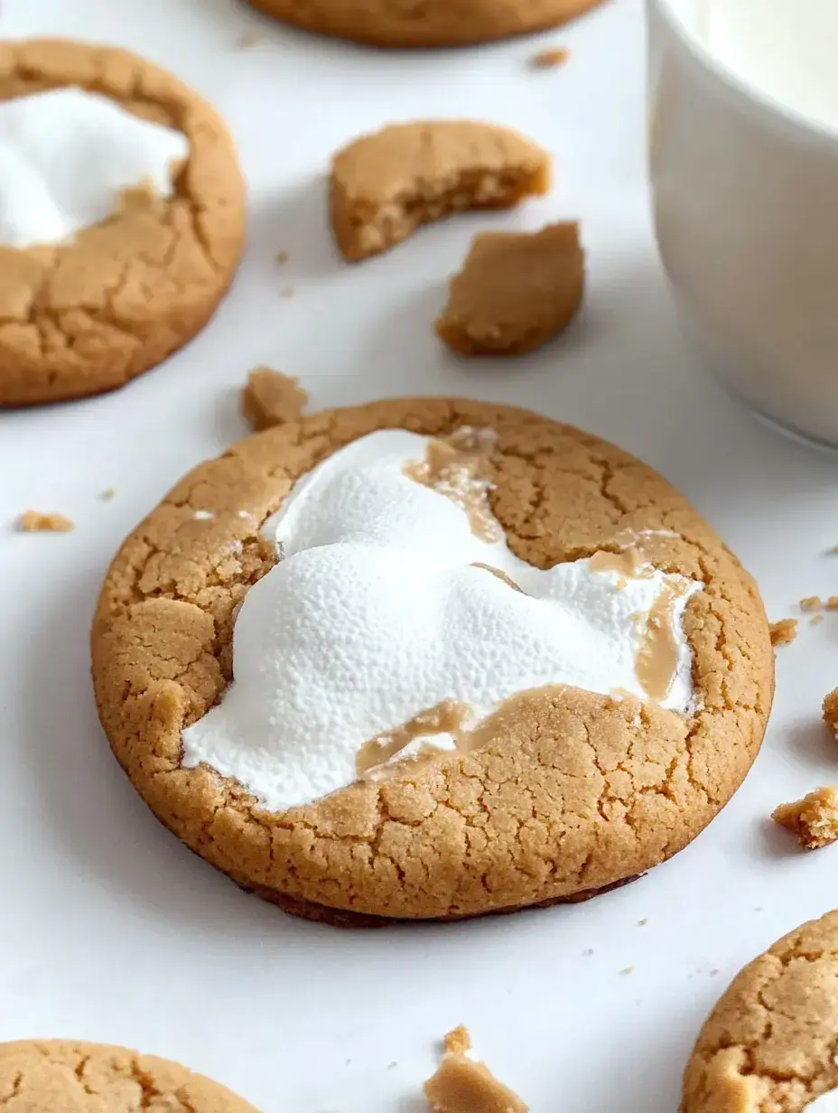 Cookie au beurre de cacahuète garni d’un cœur blanc crémeux, entouré de morceaux et d’un verre de lait derrière.