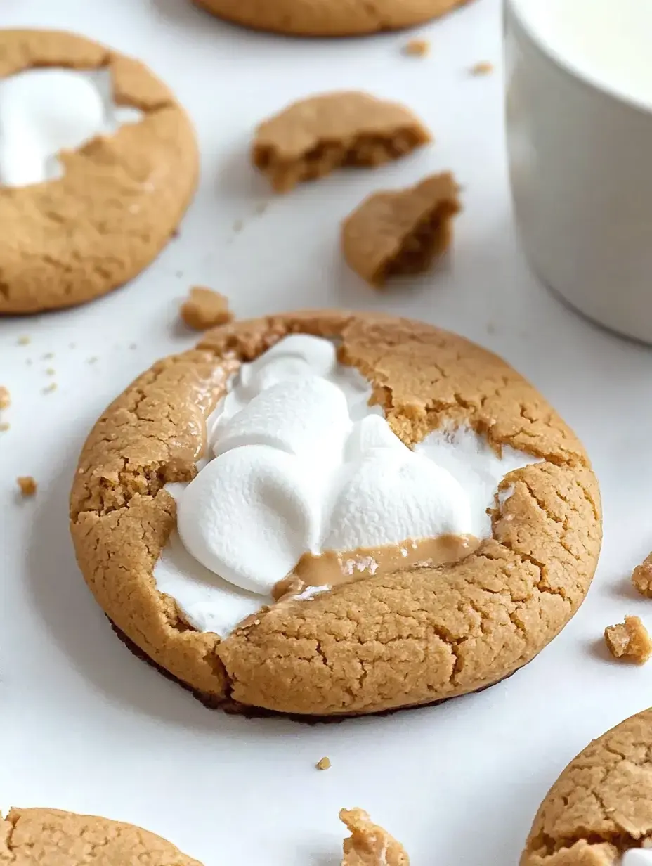 Cookie au beurre de cacahuète cassé, cœur coulant de guimauve et d’autres cookies entiers autour, avec une petite tasse de lait.