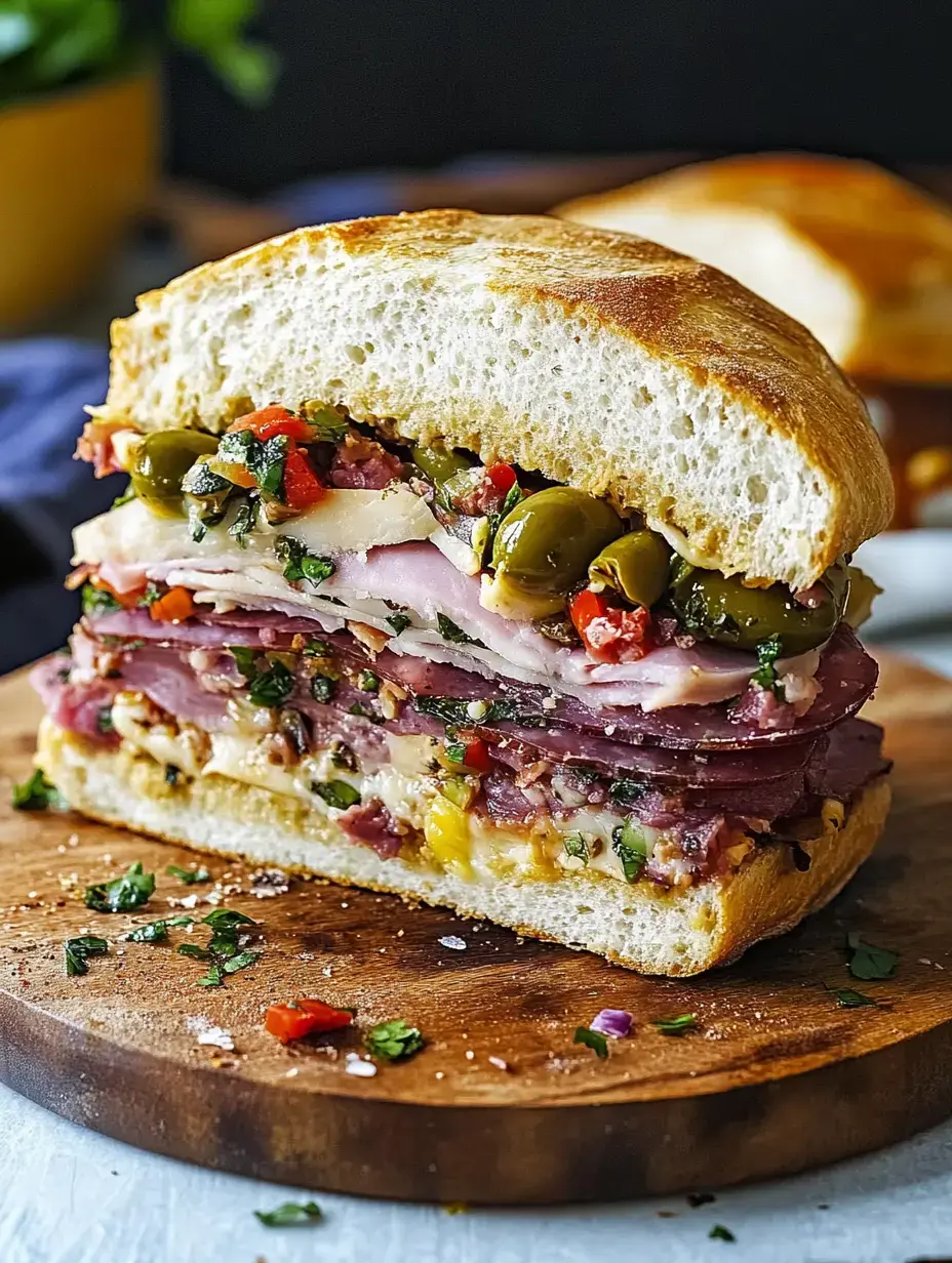 Gros plan sur un sandwich généreux avec différentes charcuteries, fromages et légumes, posé sur une planche de bois.