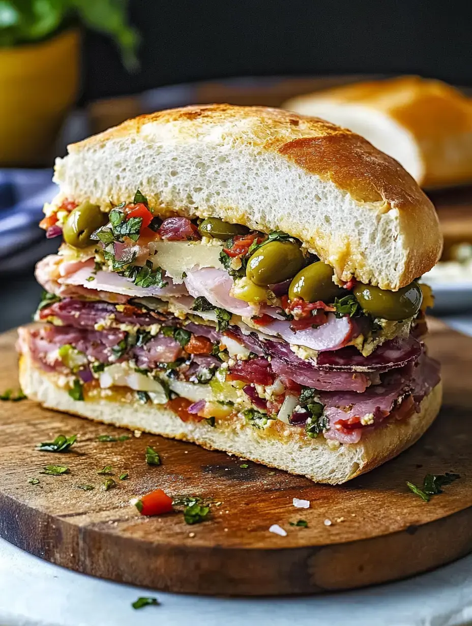 Vue en coupe d’un gros sandwich superposé avec charcuteries, fromage, olives et herbes, posé sur une planche en bois.