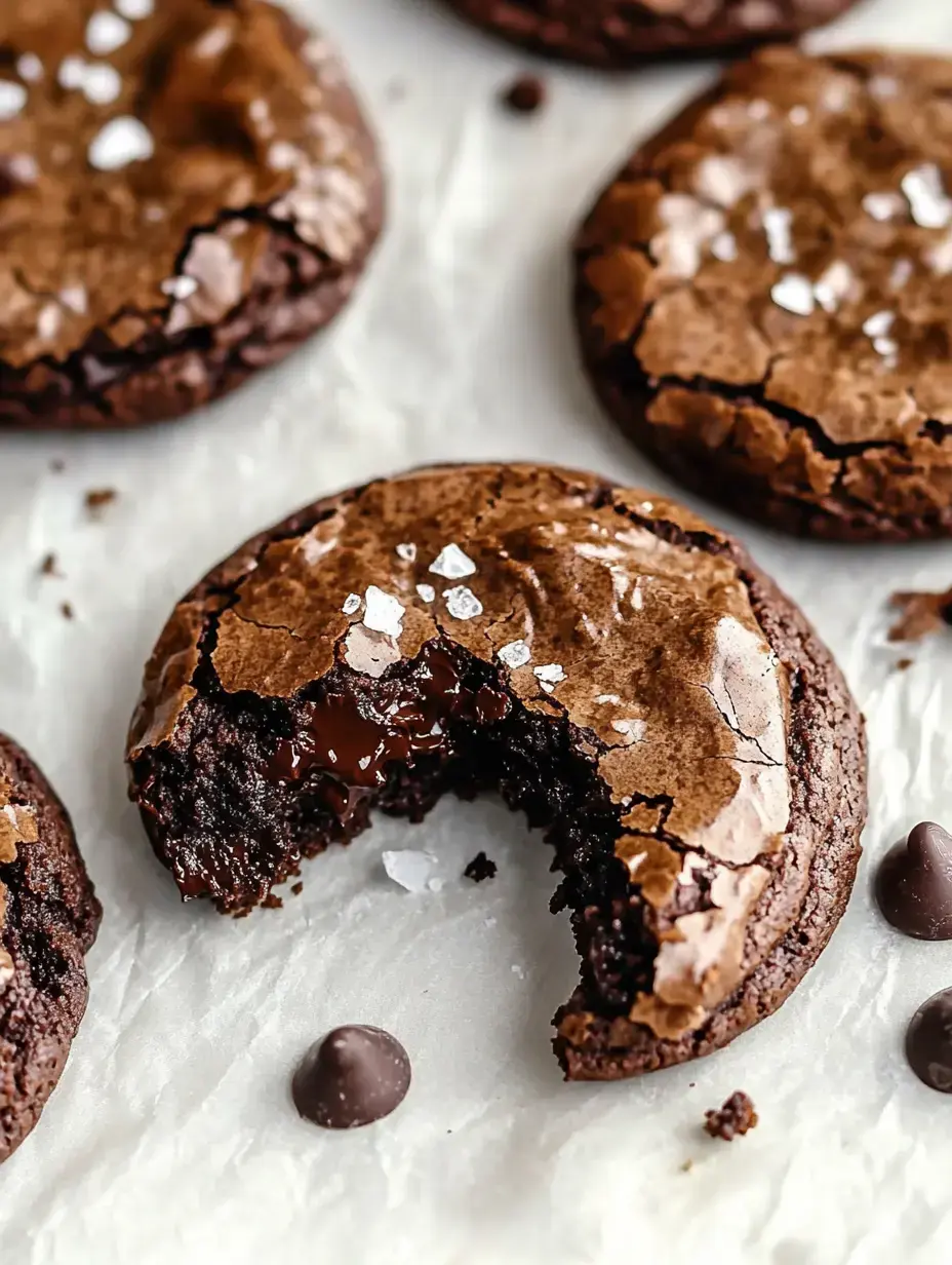 Gros plan sur des brookies moelleux au chocolat coupés, cœur fondant et cristaux de sel marin dessus.