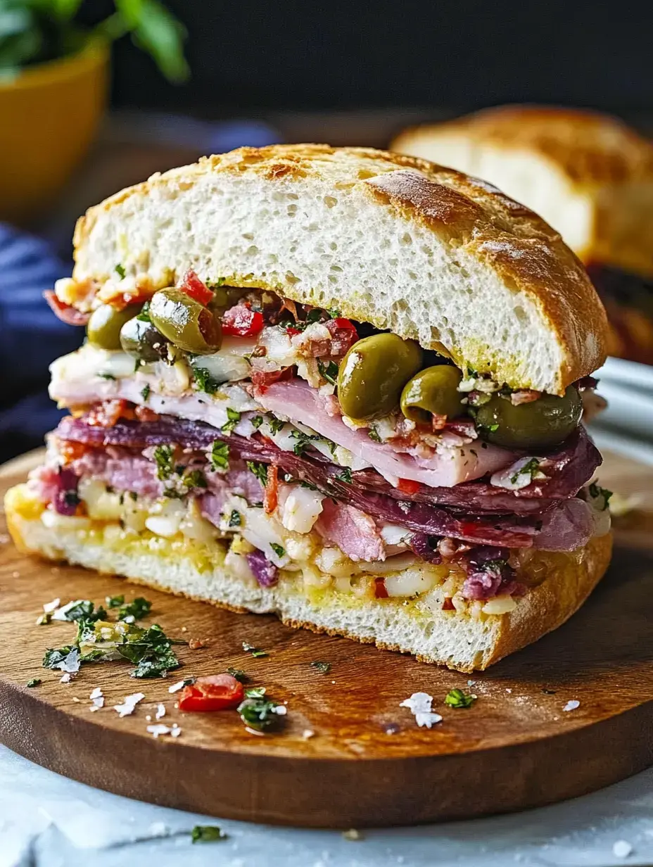 Gros plan sur un sandwich à plusieurs couches rempli de charcuterie, olives et herbes, posé sur une planche.