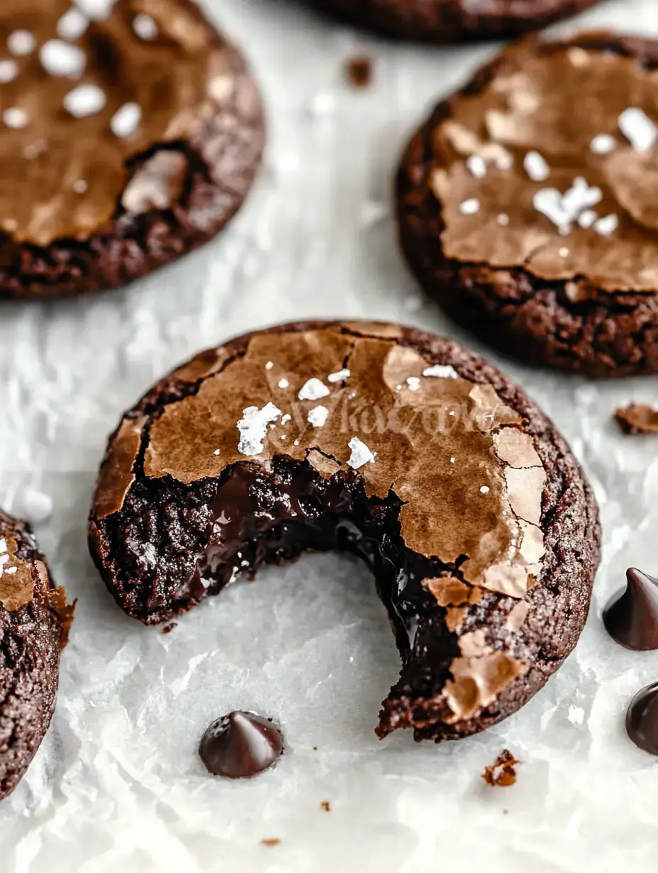 Gros plan de brookies fondants, cœur chocolat coulant, fleur de sel, entourés de pépites sur papier cuisson.