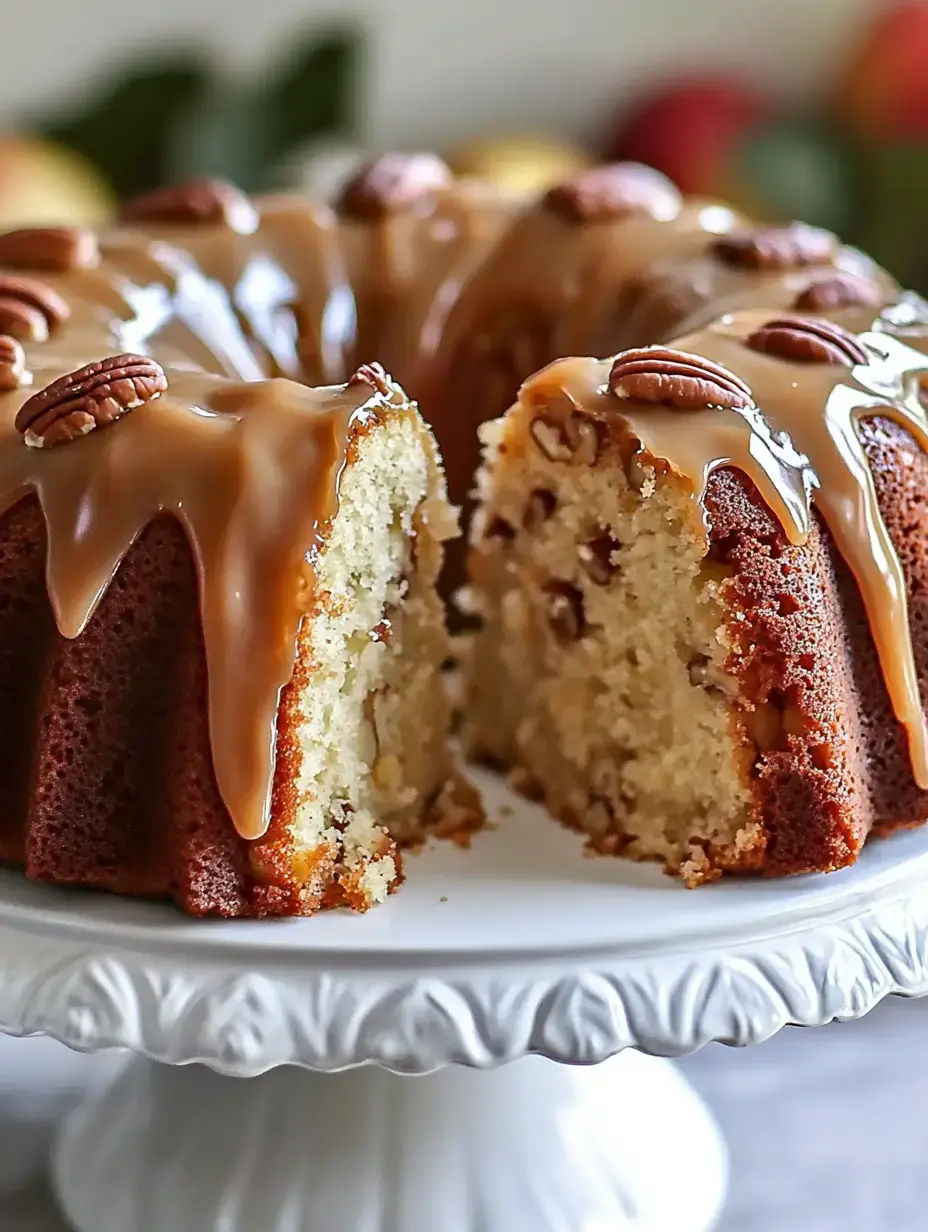 Un gâteau découpé en couronne, nappé de caramel et de noix posé sur un présentoir blanc élégant.