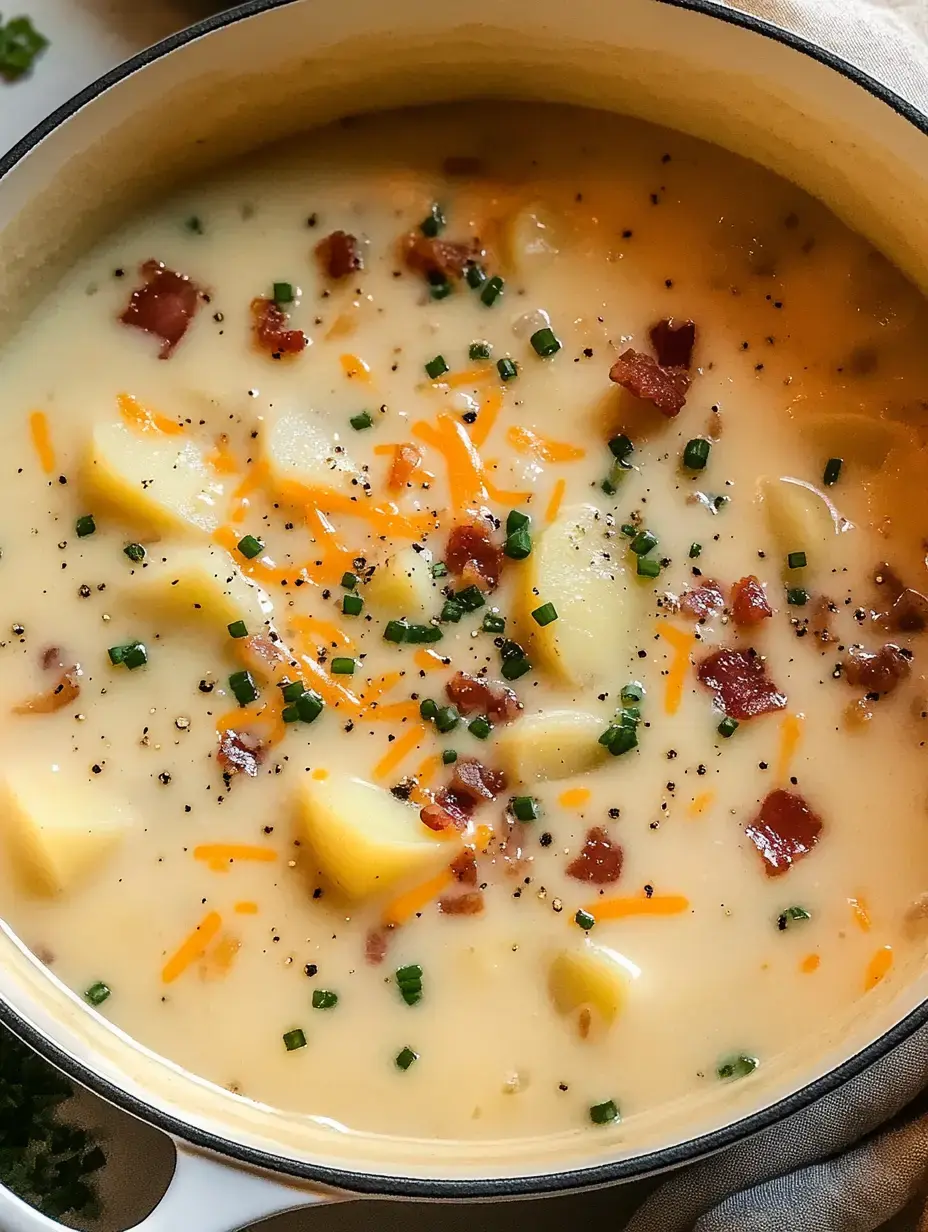 Un velouté de pommes de terre crémeux avec lard croustillant, ciboulette et fromage râpé dans une marmite blanche.