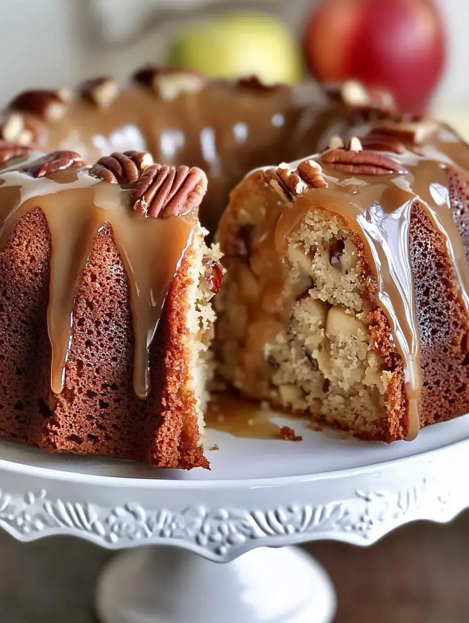 Une couronne de gâteau nappée de caramel et de noix sur un présentoir blanc décoré.
