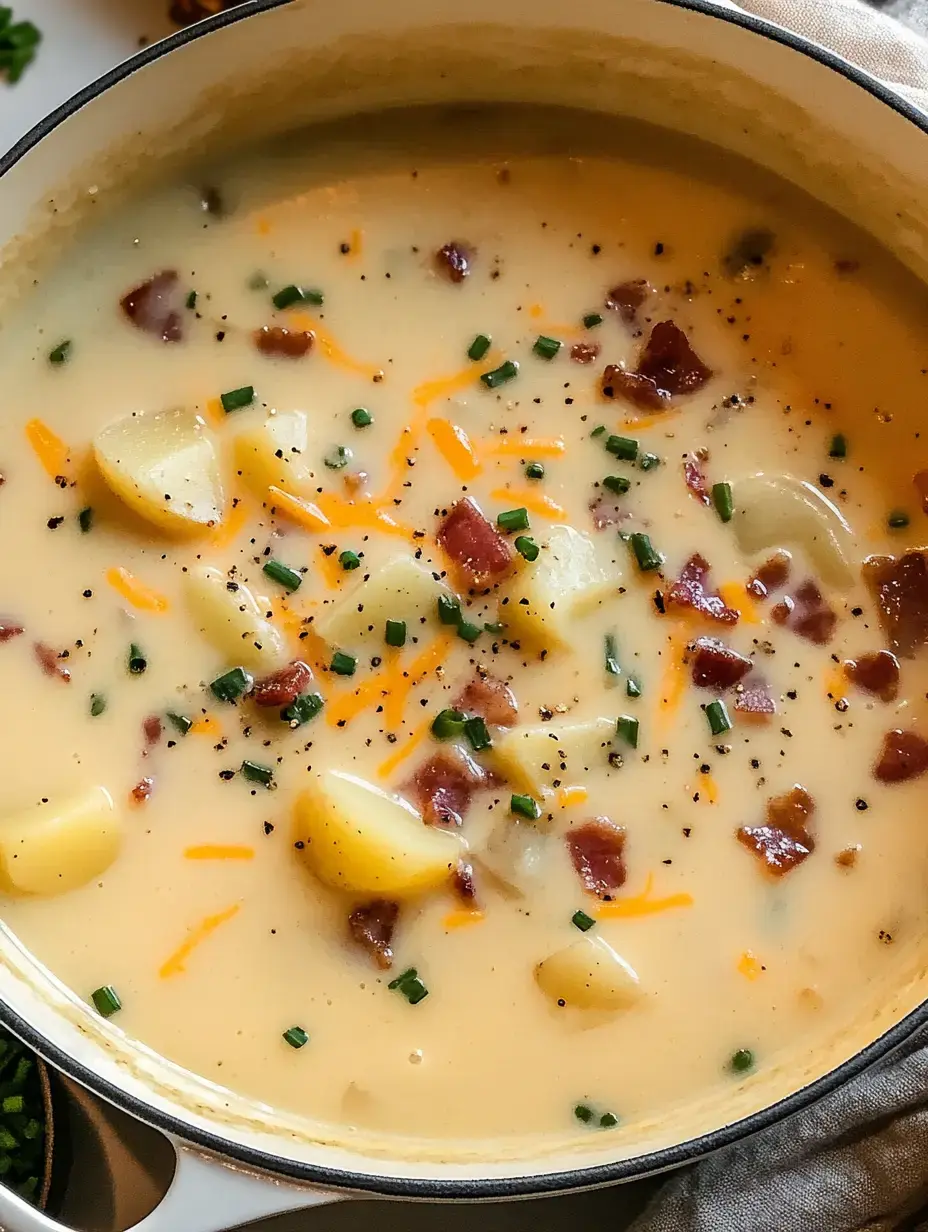 Un velouté crémeux de pommes de terre avec lardons, fromage fondu et ciboulette, dans une marmite blanche.
