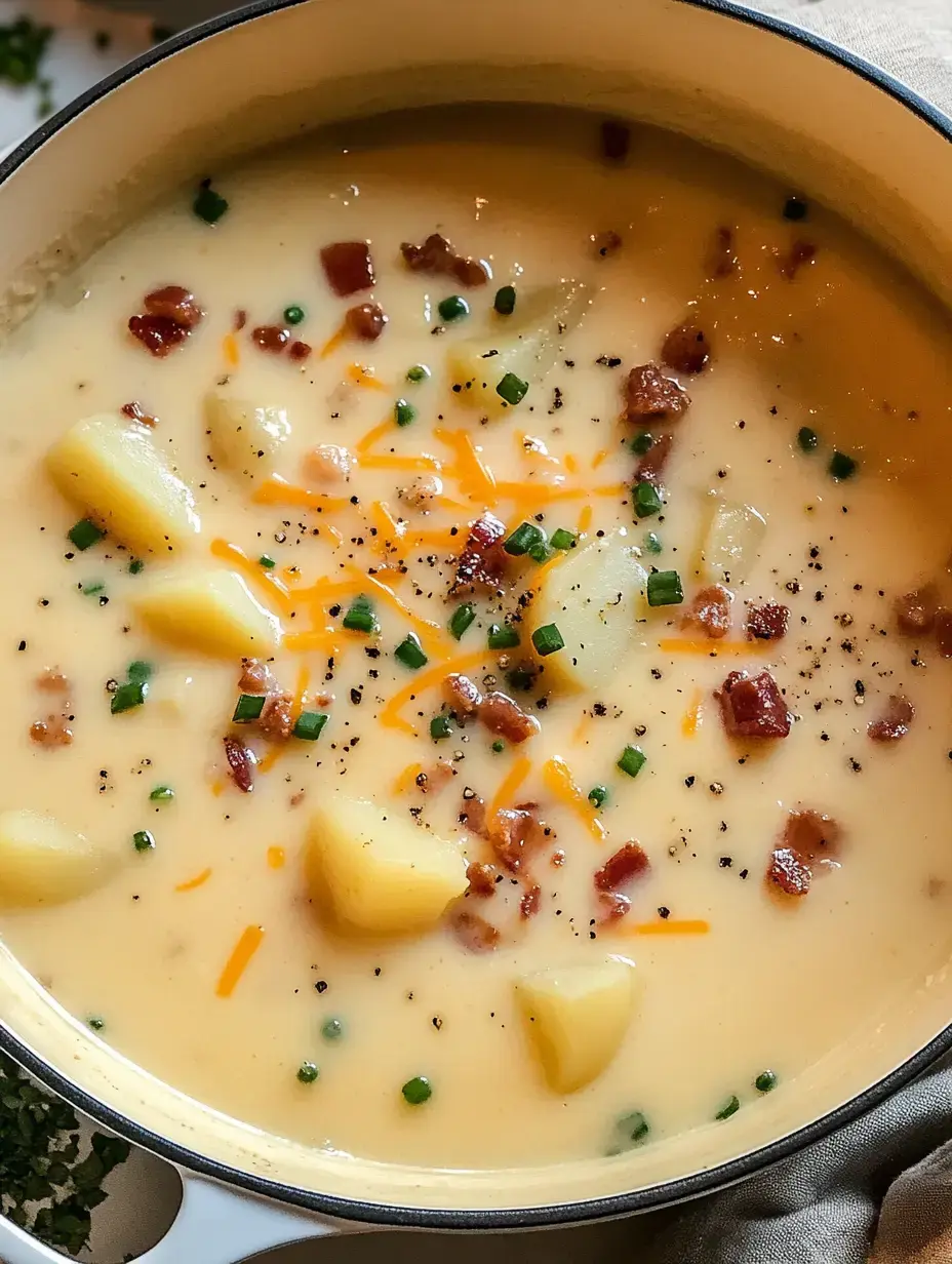 Un velouté de pommes de terre crémeux garni de lard croustillant, comté râpé et ciboulette fraîche.