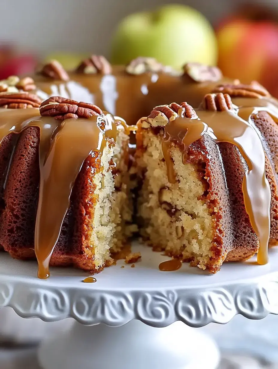 Une part de gâteau couronne nappée de caramel et de noix de pécan, sur un plateau décoré, avec des pommes en fond.