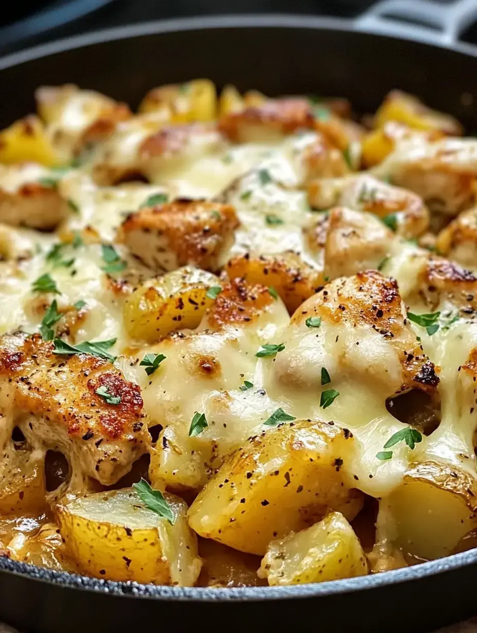 Vue rapprochée d’une poêle remplie de morceaux de poulet bien cuits et de pommes de terre jaunes, nappés de fromage fondu et décorés de persil frais.