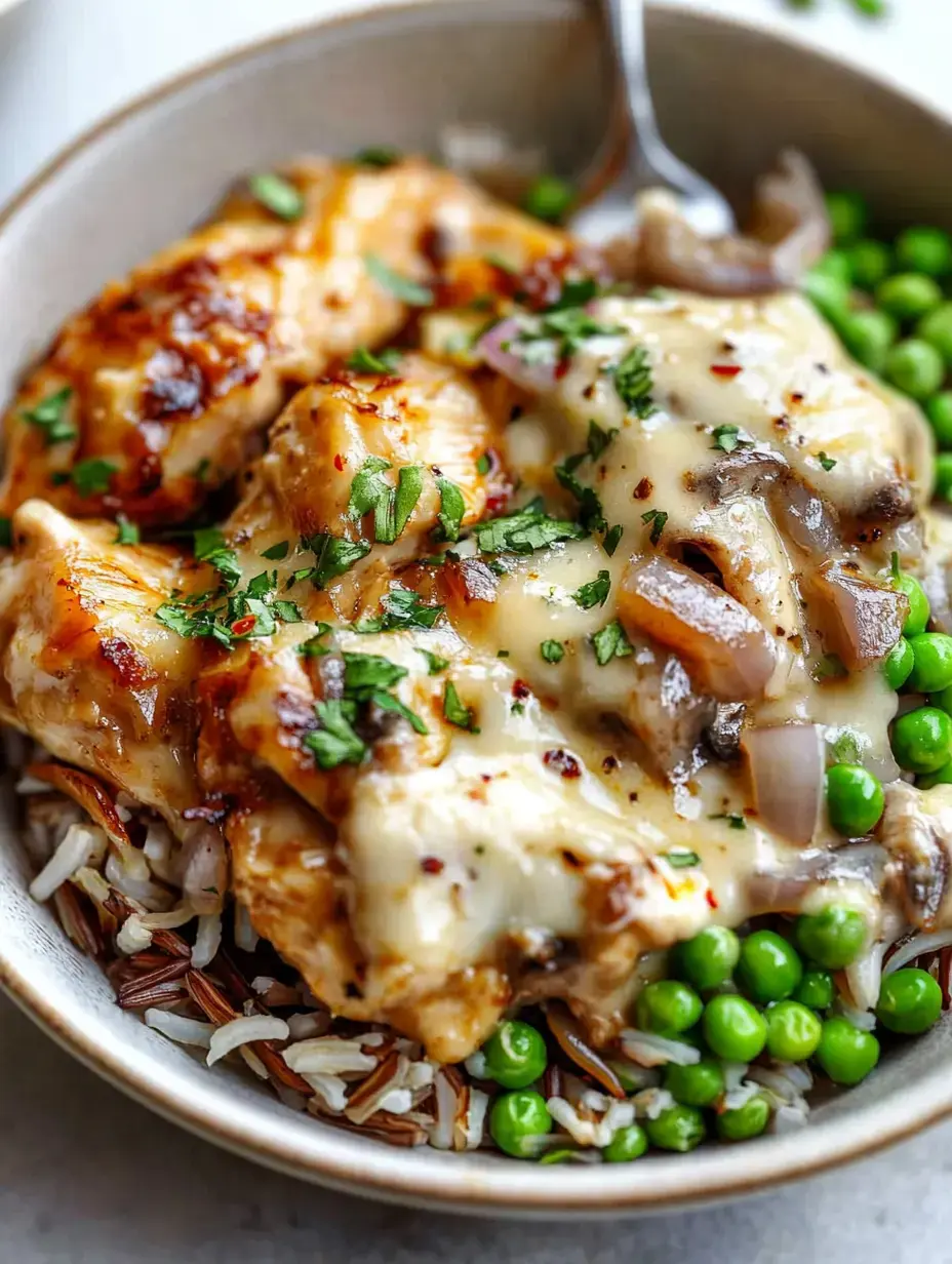 Gros plan d’un bol de riz, petits pois, morceaux de poulet nappés de sauce crémeuse et herbes fraîches.