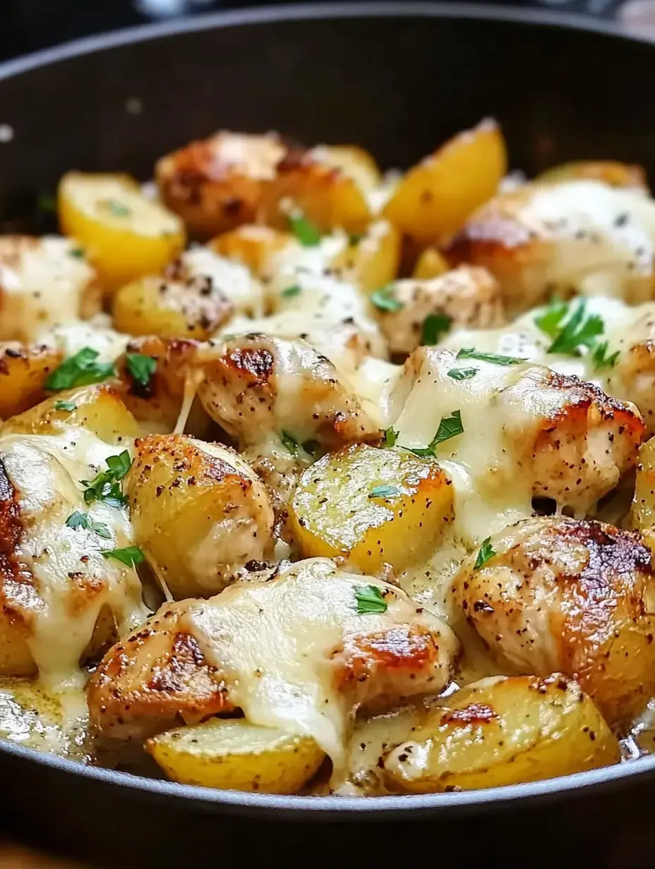 Une grande poêle pleine de morceaux de poulet rôti et de pommes de terre dorées, recouverts de fromage fondu et d’un peu de persil.