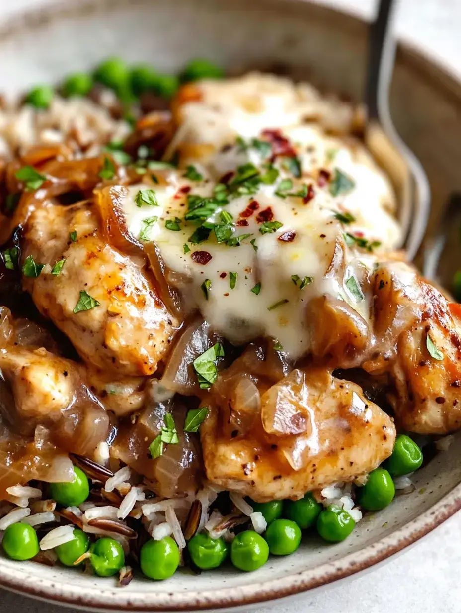 Bol de poulet nappé de sauce aux oignons et fromage, sur riz et petits pois, avec des herbes fraîches.