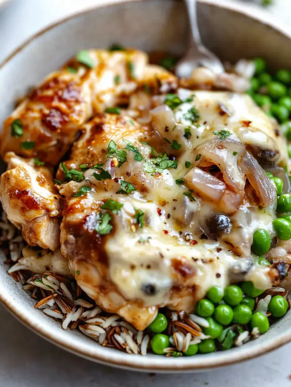 Bol de riz blanc et sauvage, poulet grillé, petits pois, fromage fondu et herbes ciselées.