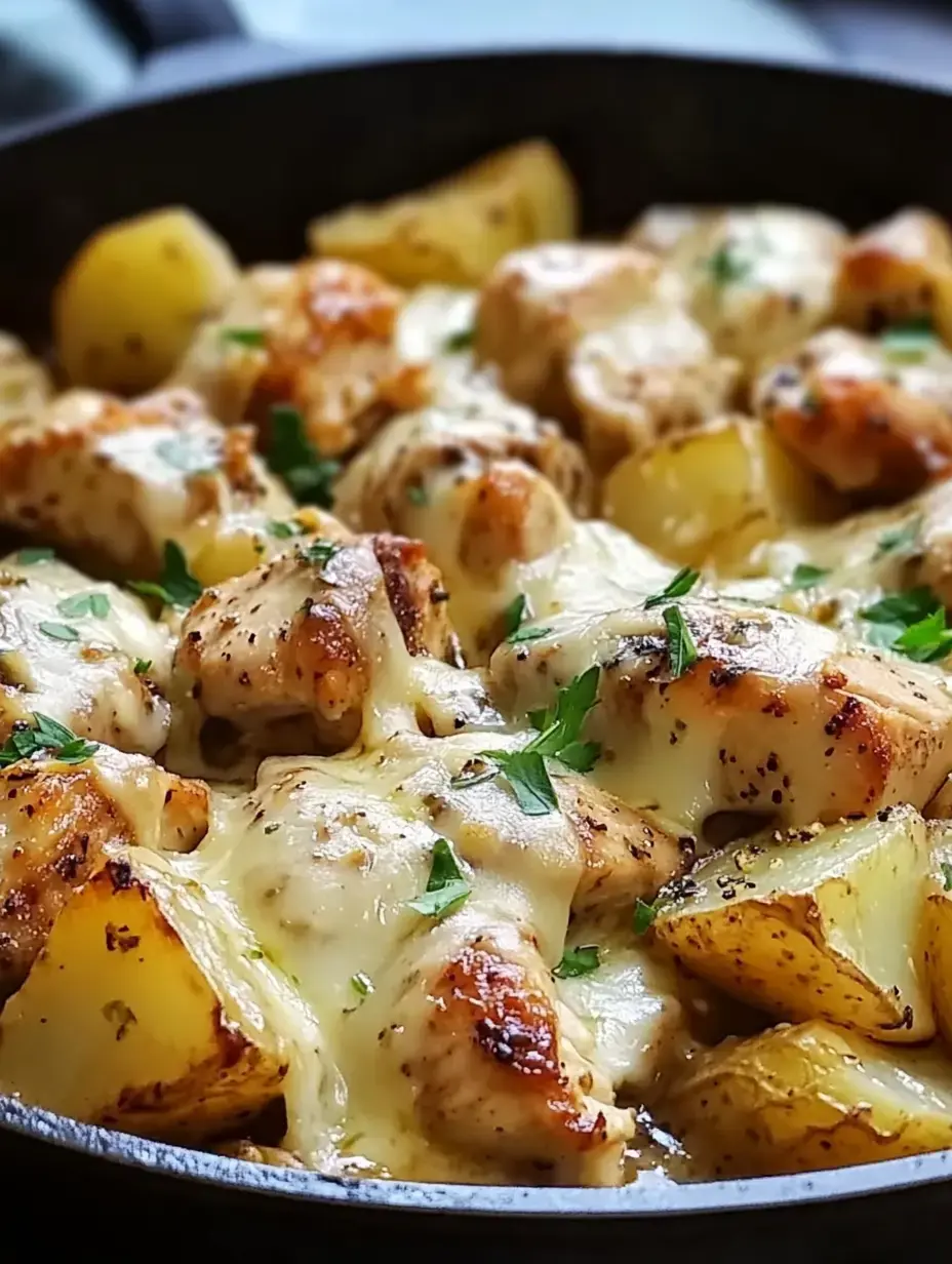 Une poêle en fonte avec des morceaux de poulet ultra fondus dans le fromage et des pommes de terre croustillantes, décorée de persil frais.