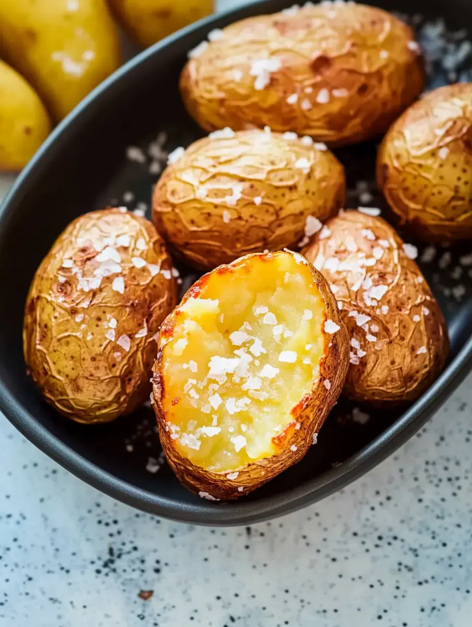Un bol noir rempli de pommes de terre rôties, l'une coupée en deux révélant l'intérieur moelleux et saupoudré de gros sel.