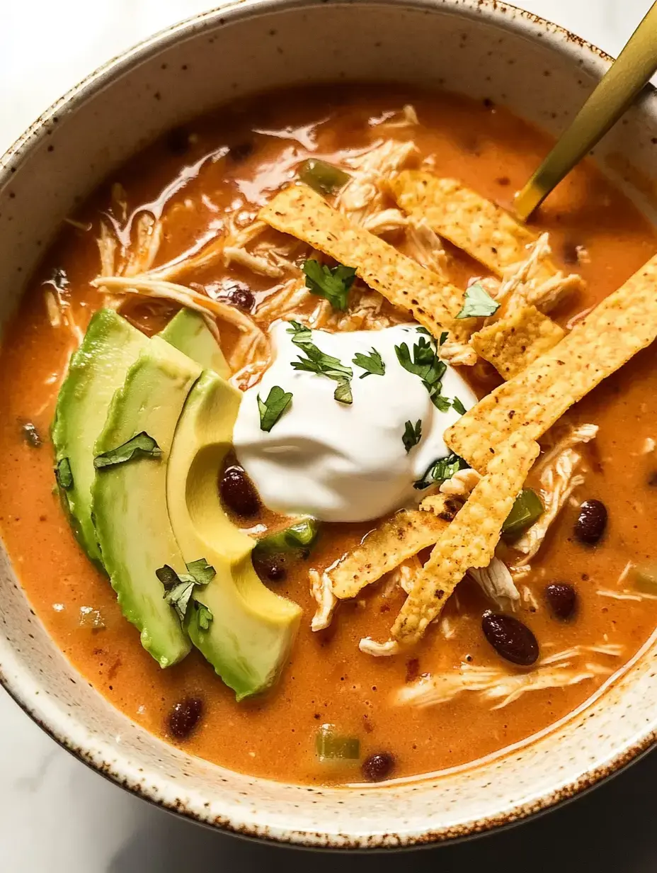 Un bol de soupe garni de poulet émietté, haricots noirs, tranches d'avocat, lamelles de tortillas, une cuillère de crème fraîche et des herbes fraîches.
