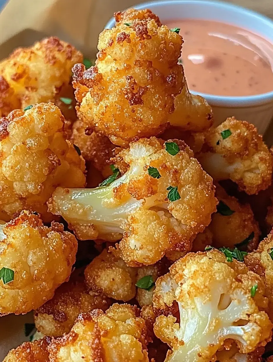 Zoom sur des bouchées de chou-fleur bien croustillantes, parsemées d’herbes, accompagnées d’un petit bol de sauce.