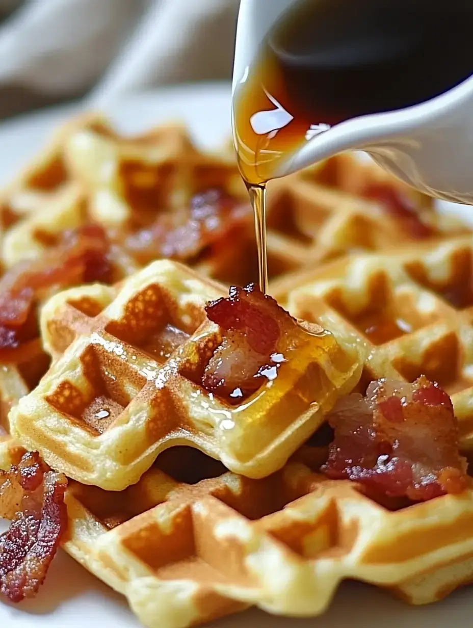 Zoom sur des gaufres dorées garnies de bacon croustillant et nappées de sauce.