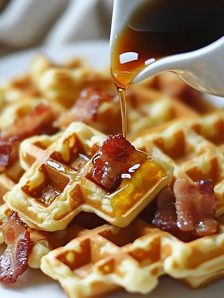 Pile de gaufres dorées garnies de bacon et arrosées de sauce.