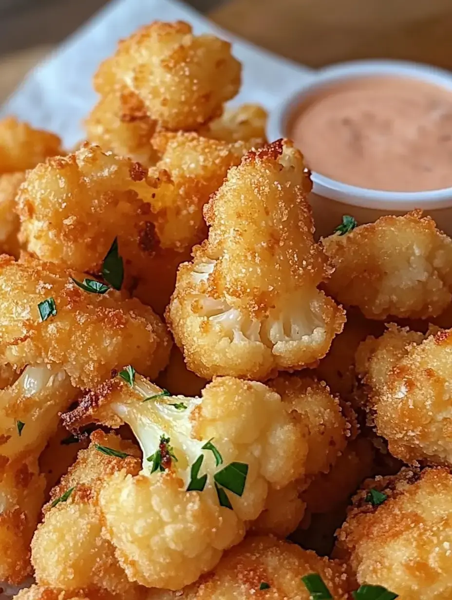 Une assiette de chou-fleur frit croustillant, parsemé de persil, avec une coupelle de sauce à côté.