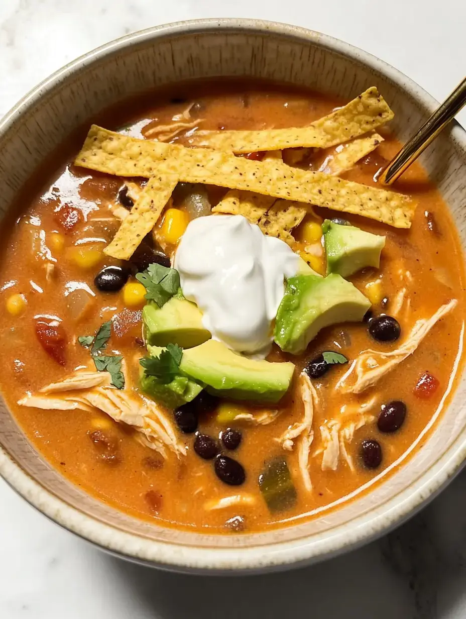Un bol de soupe au poulet avec haricots noirs, maïs, avocat, crème fraîche et lanières de tortillas garni de coriandre.