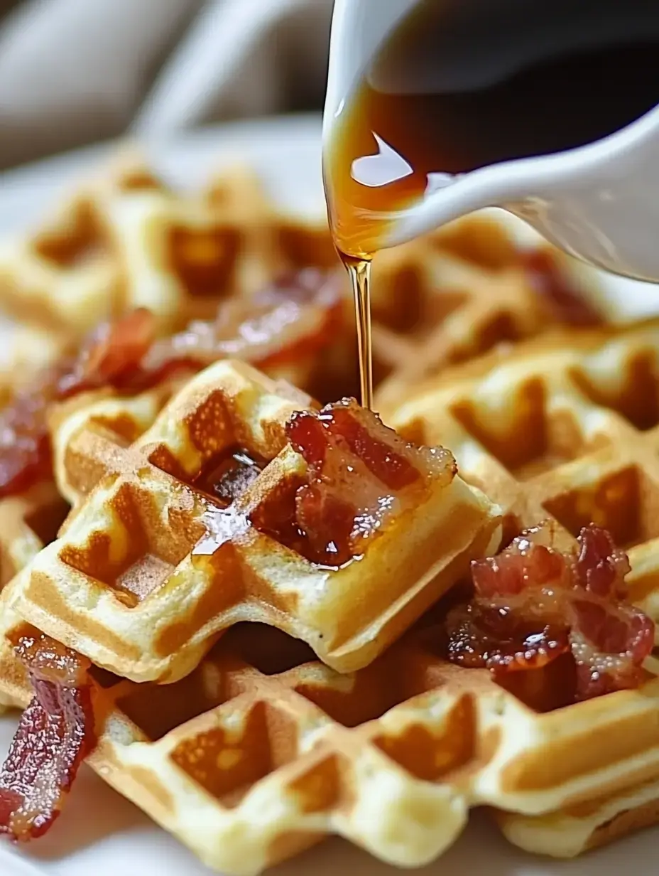 Assiette de gaufres ornées de bacon croustillant et nappées de sauce.