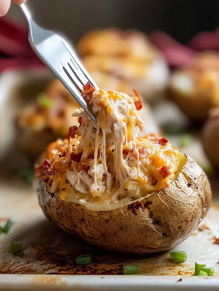 Une fourchette soulève une pomme de terre farcie au poulet effiloché et fromage fondu, avec d’autres pommes de terre en arrière-plan.