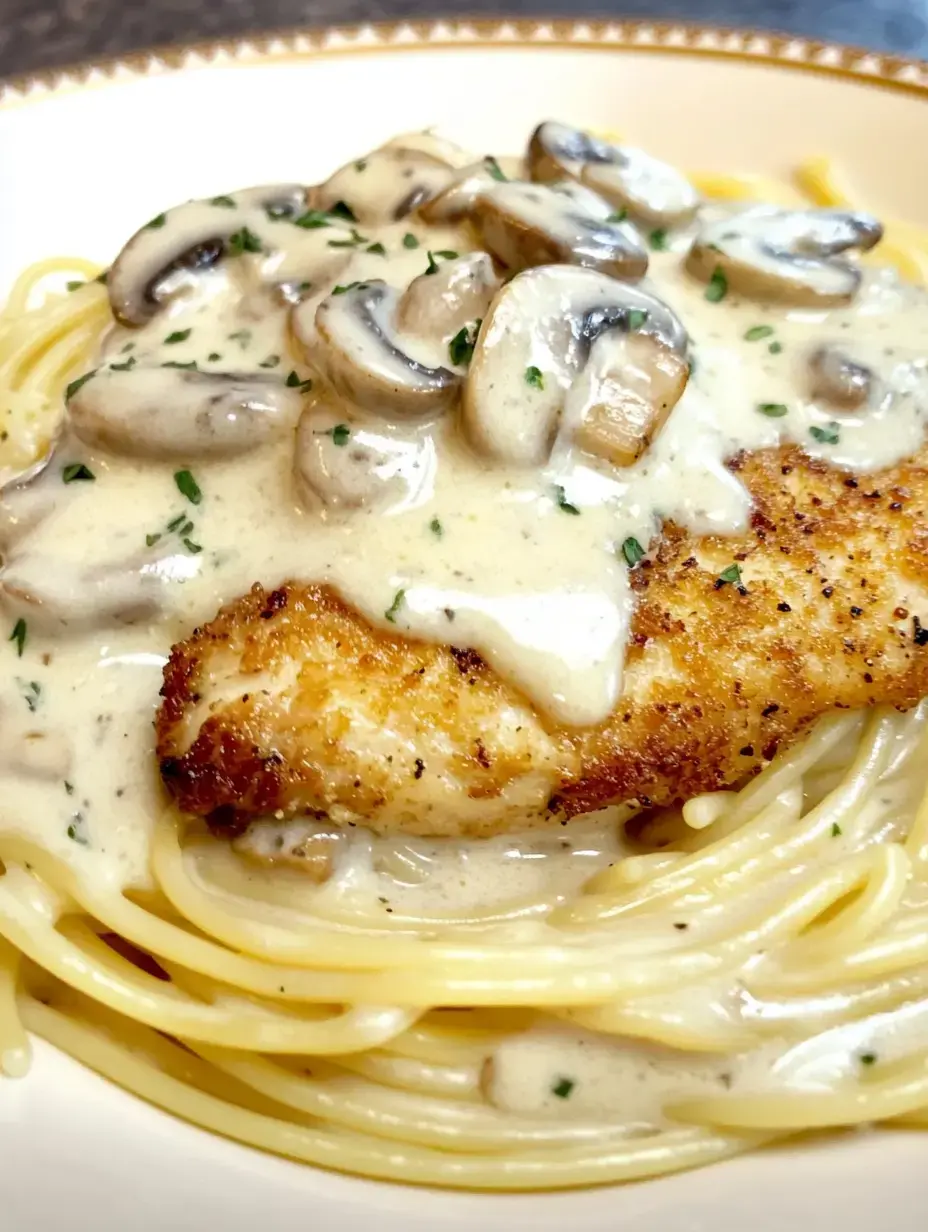 Une assiette de spaghettis nappée de poulet croustillant sous une sauce crémeuse aux champignons, parsemée de persil.