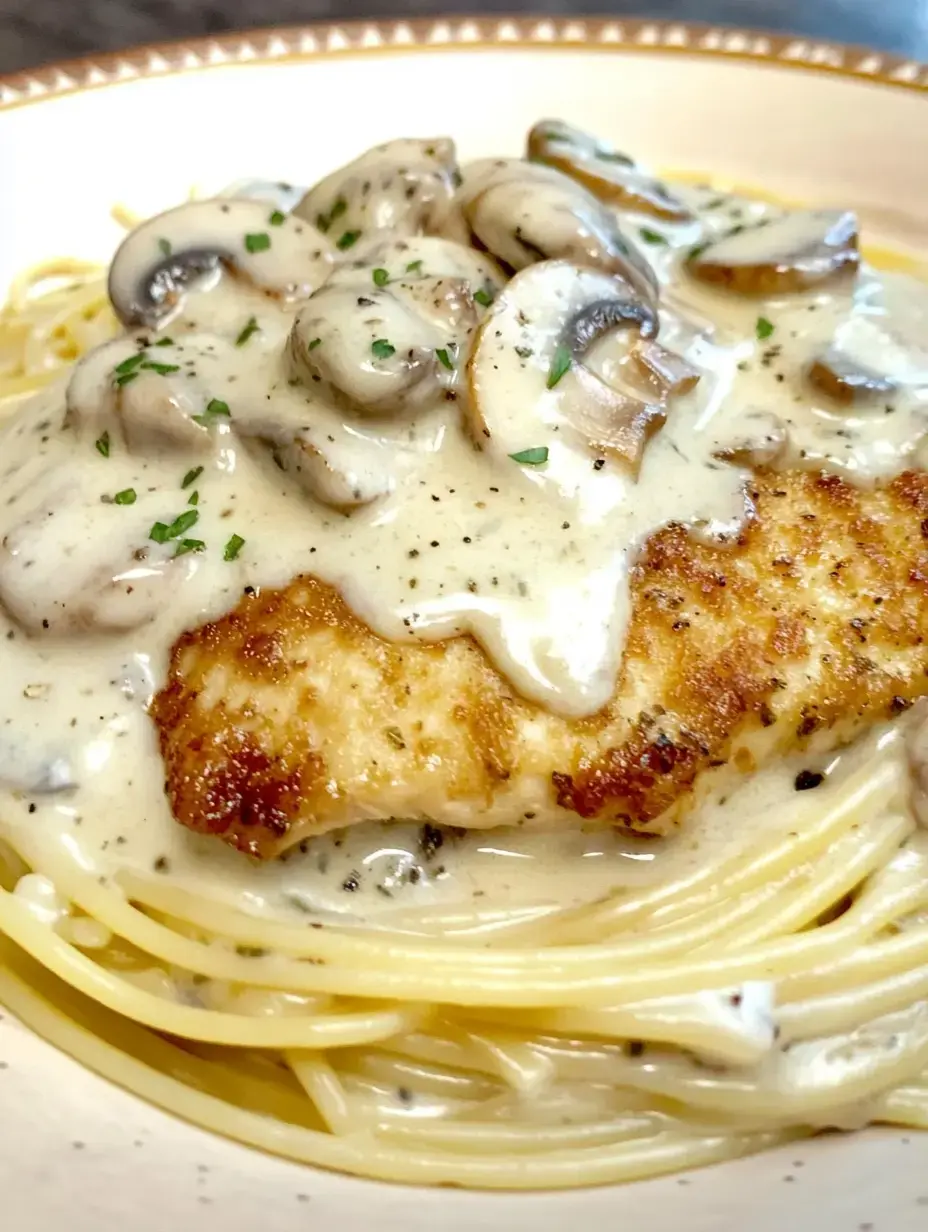 Une sauce crémeuse aux champignons nappe un poisson doré et des spaghettis dessous.