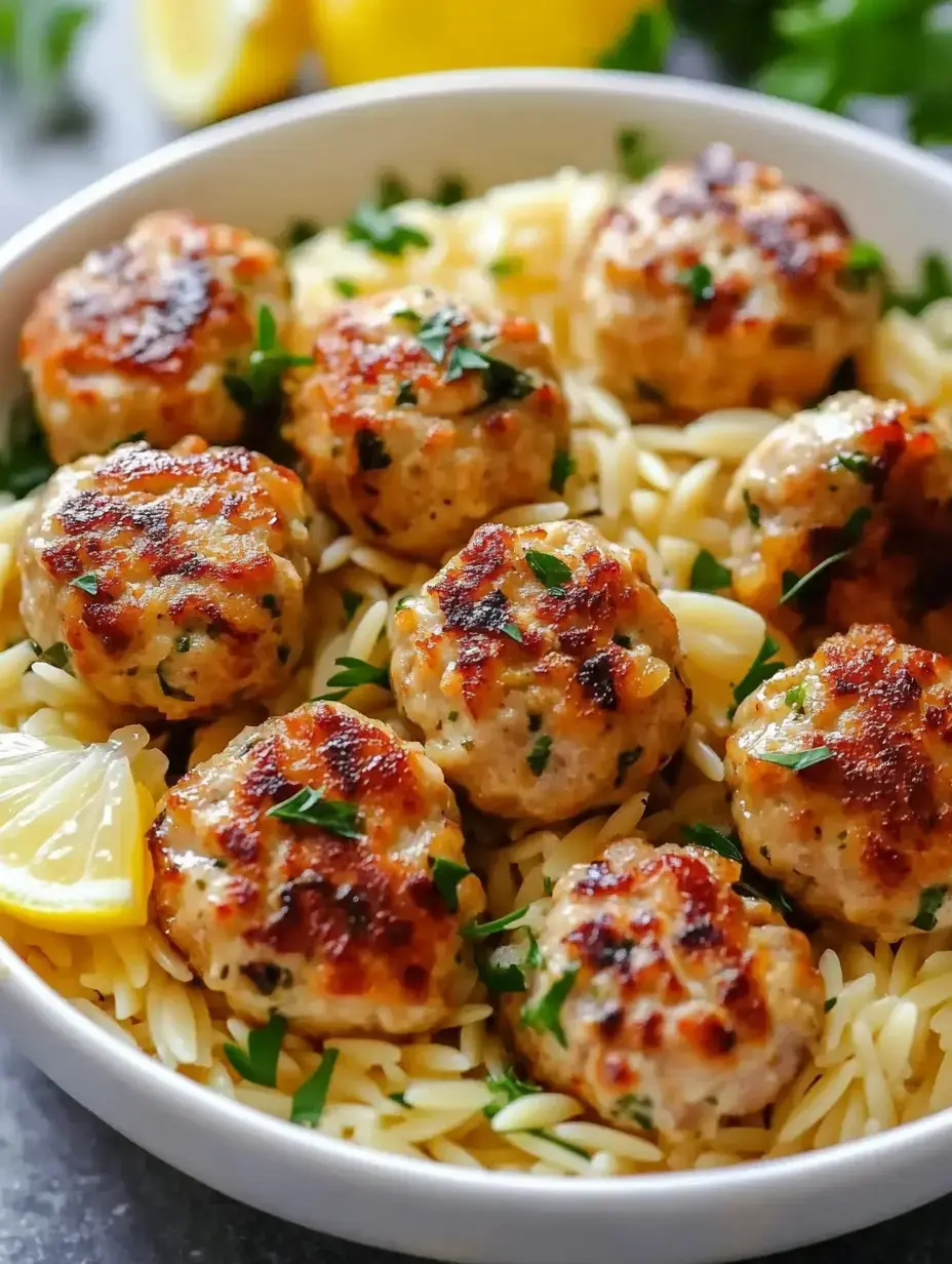 Un bol d’orzo surmonté de boulettes bien dorées, décoré de persil frais et d’une tranche de citron.