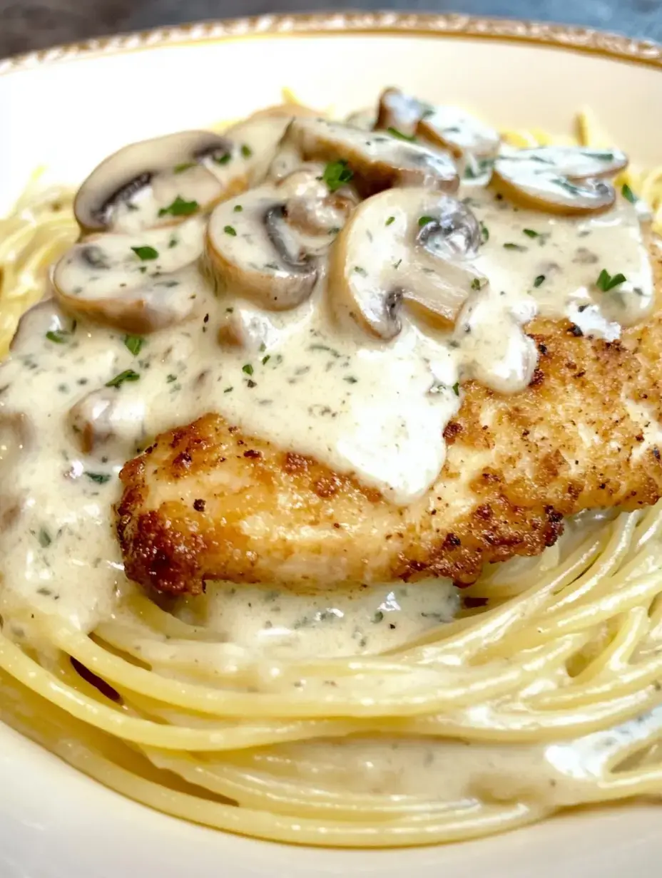 Une belle assiette de spaghettis, poulet grillé, sauce crémeuse aux champignons et persil dessus.