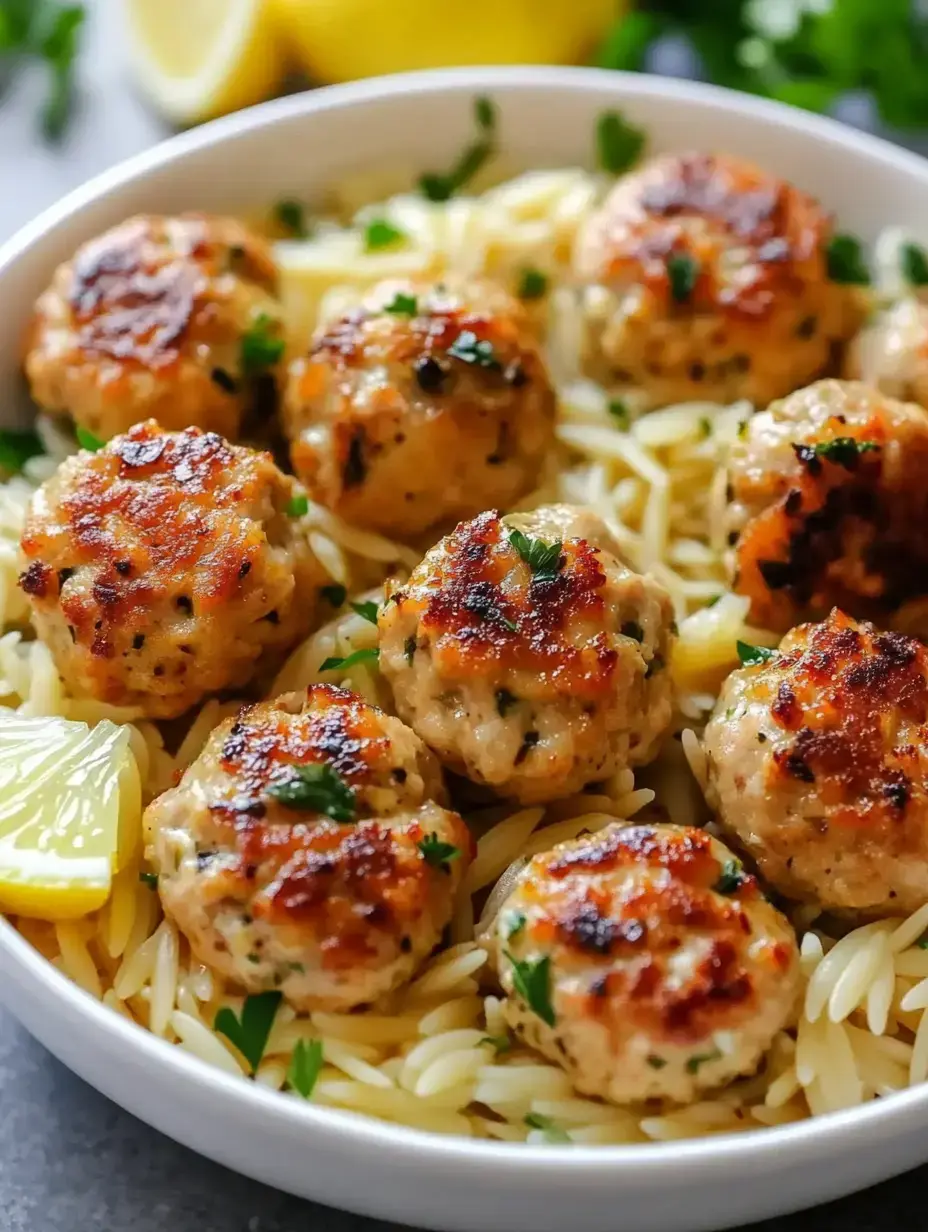 Un bol d’orzo cuit garni de boulettes dorées, de persil et de tranches de citron.