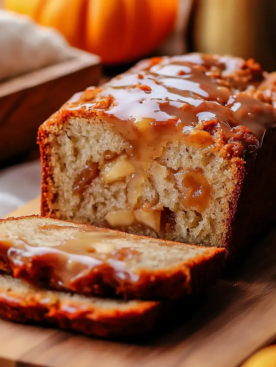 Un pain moelleux à la cannelle et morceaux de pomme, nappé de caramel brillant et découpé pour montrer l’intérieur fondant.