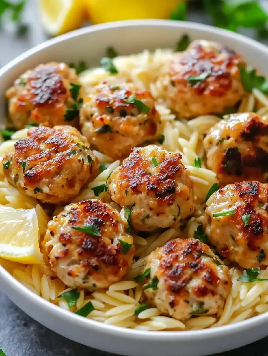 Un bol d’orzo avec des boulettes dorées dessus, du persil et une tranche de citron.