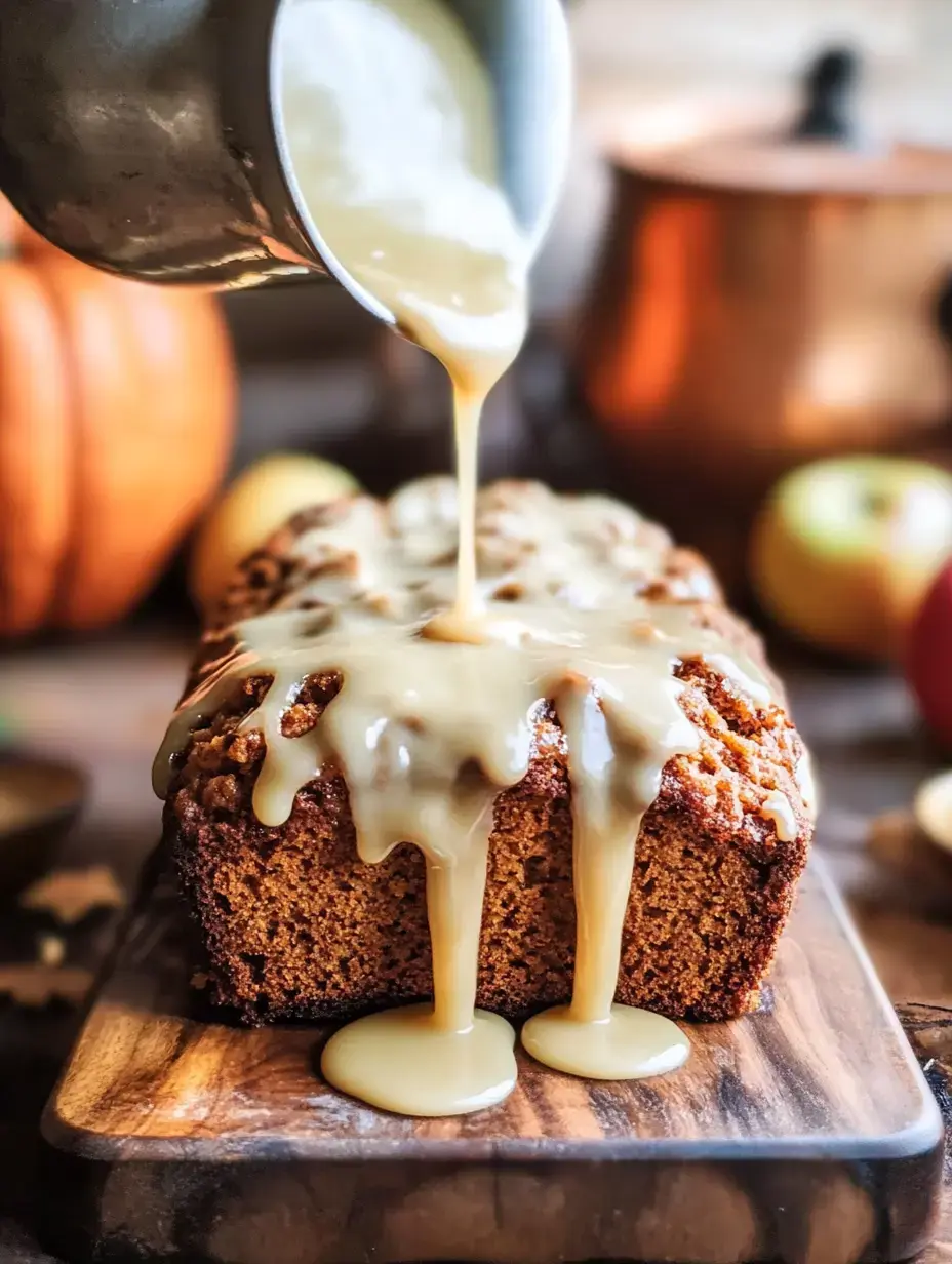 Un cake moelleux nappé de glaçage coulant, posé sur une planche en bois, avec déco automnale en fond.