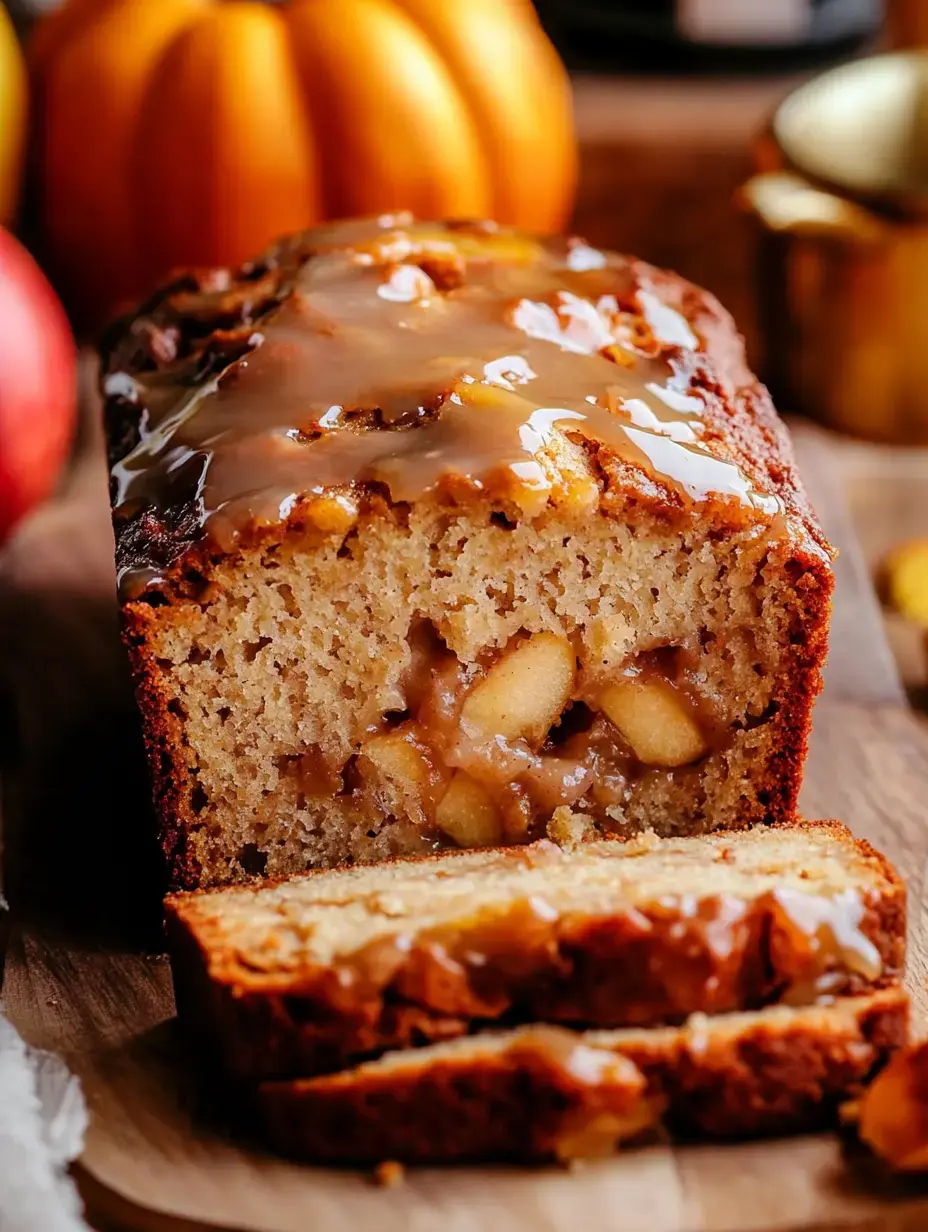 Un cake découpé nappé de glaçage, avec des morceaux de pomme, posé sur un bois aux côtés de pommes et courges.