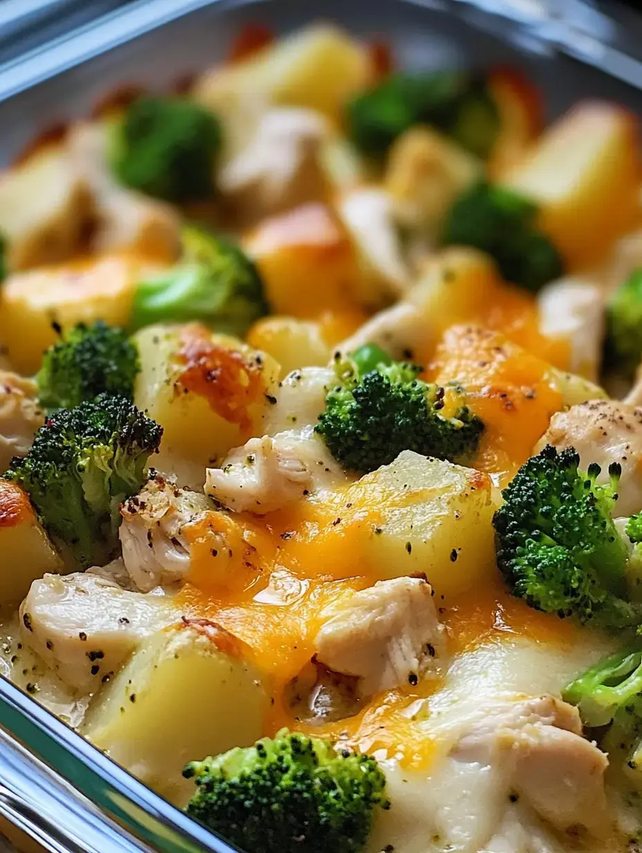 Gros plan d’un plat gratiné avec morceaux de poulet, pommes de terre, brocoli et cheddar fondu.