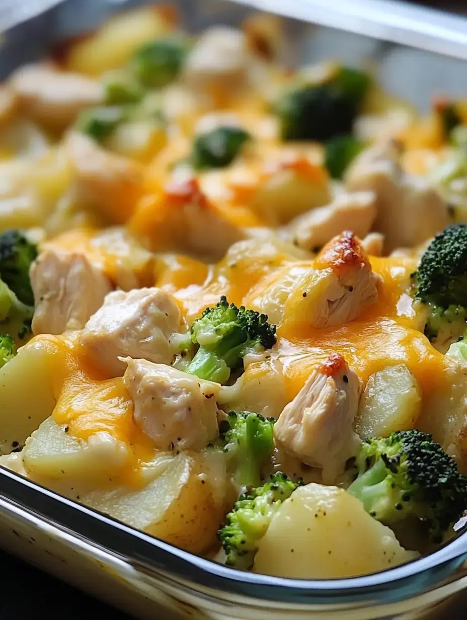 Zoom sur un gratin doré avec poulet, brocoli, pommes de terre et cheddar fondu.