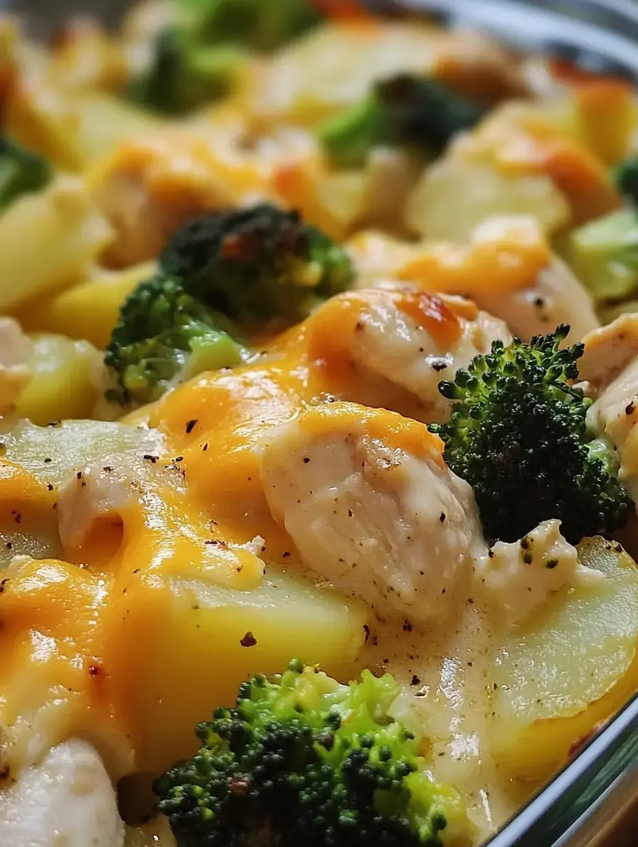 Zoom sur un gratin doré avec poulet, brocoli, pommes de terre et fromage fondu.