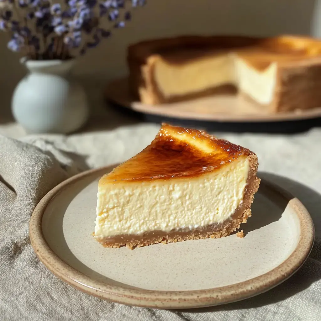 Une part de cheesecake crémeux avec une croûte dorée repose sur une assiette beige, et le gâteau entier et un bouquet de lavande sont derrière.