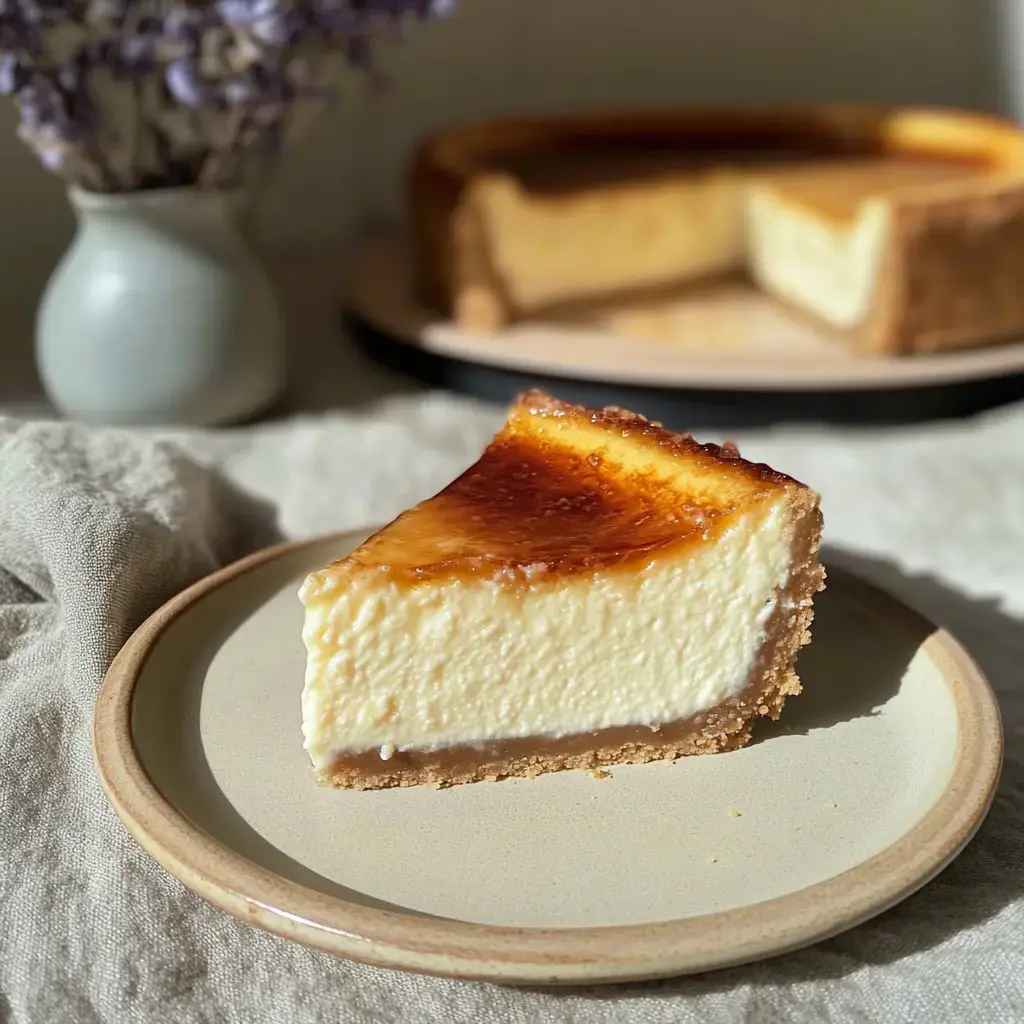 Une part de cheesecake à la croûte dorée sur une assiette, derrière le gâteau entier avec un bouquet de lavande.