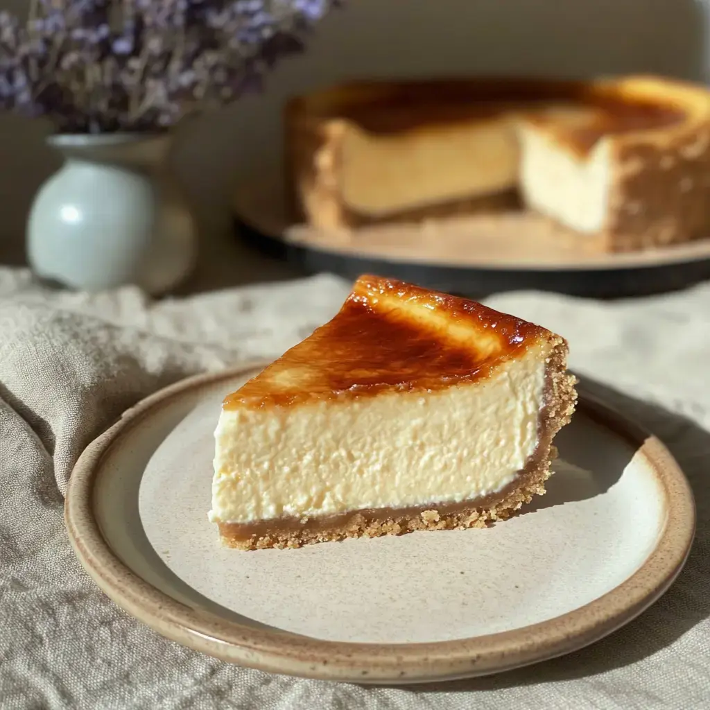 Une belle part de cheesecake ultra crémeux à la croûte dorée sur une assiette, le reste du gâteau et de la lavande derrière.