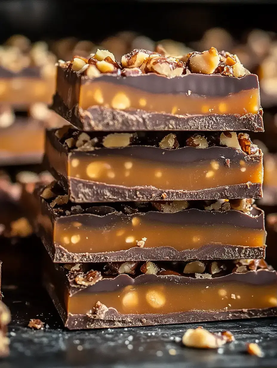 Pile de carrés chocolat caramel garnis de noisettes, superposés.