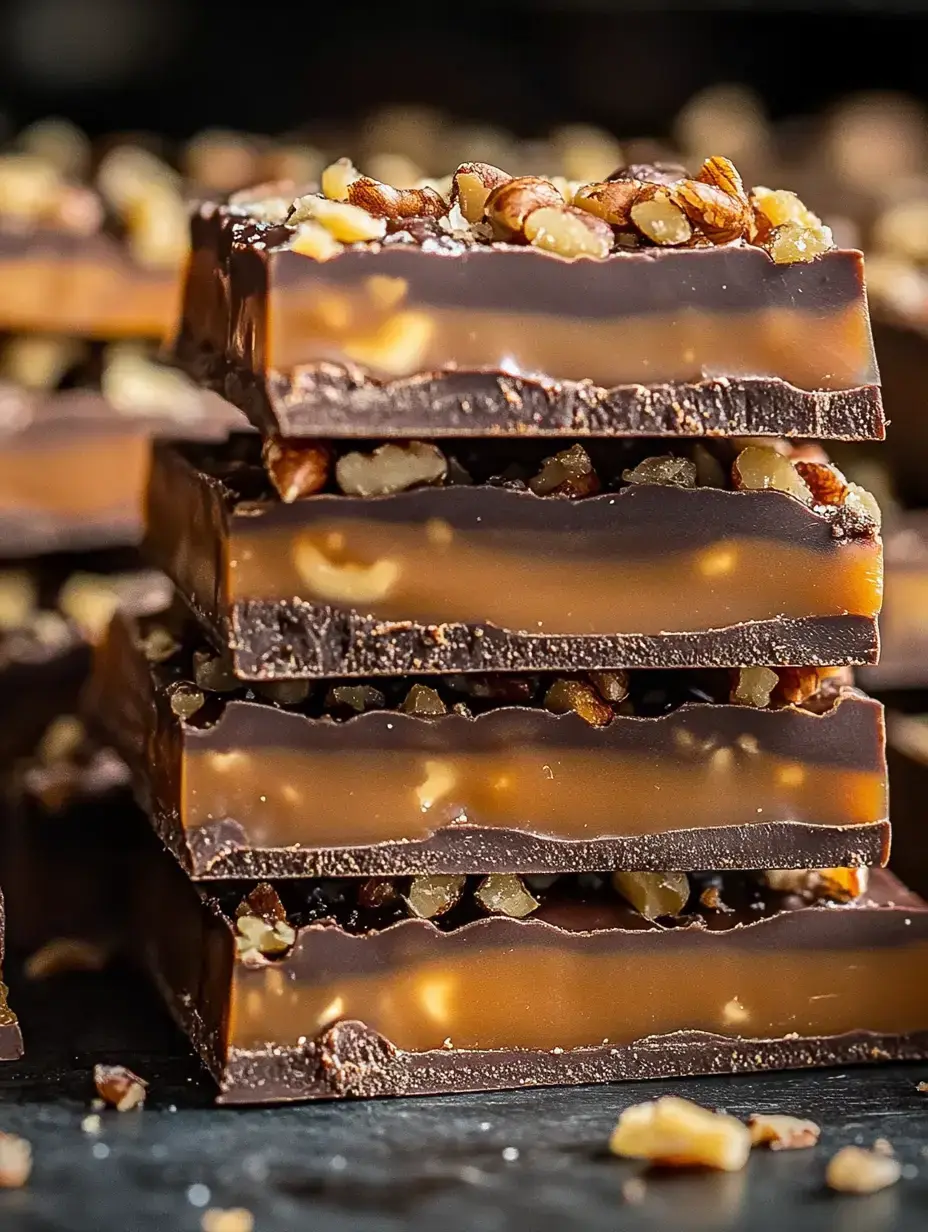 Empilement de carrés caramel et chocolat garnis de noisettes, flou à l’arrière-plan.