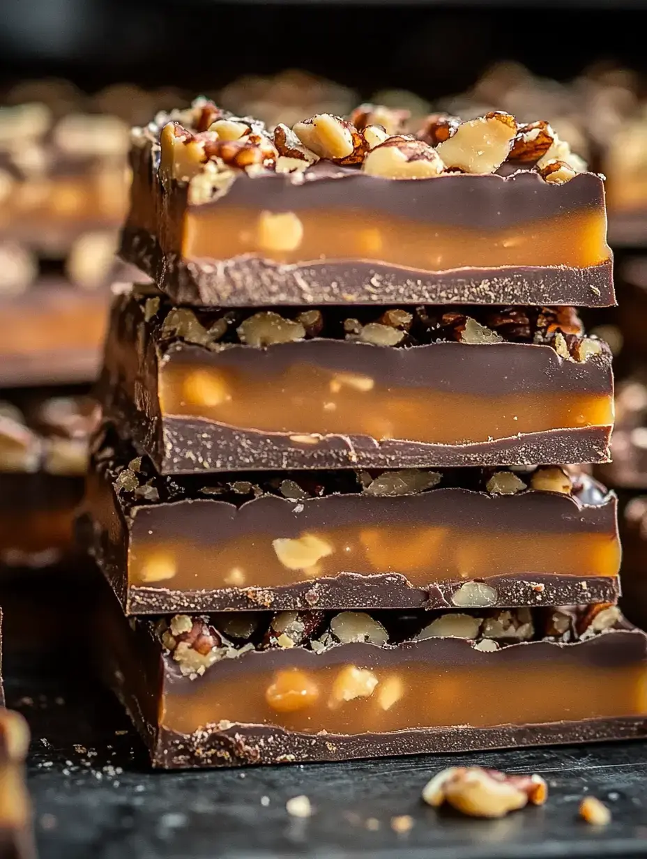 Empilement de carrés fudge chocolat avec caramel crémeux au centre et éclats de noisettes.