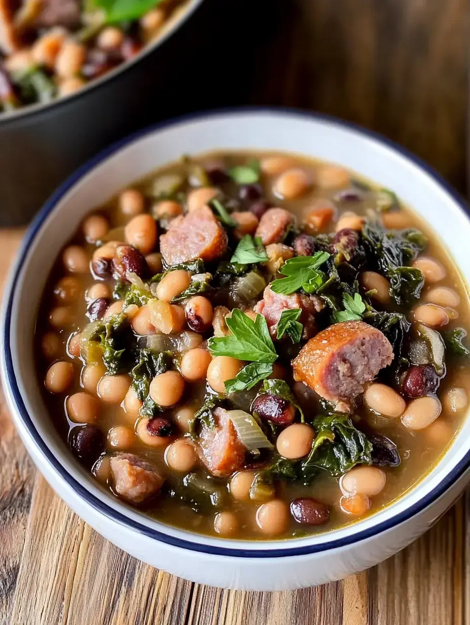 Un bol généreux de soupe haricots-saucisse, persil frais sur table en bois.