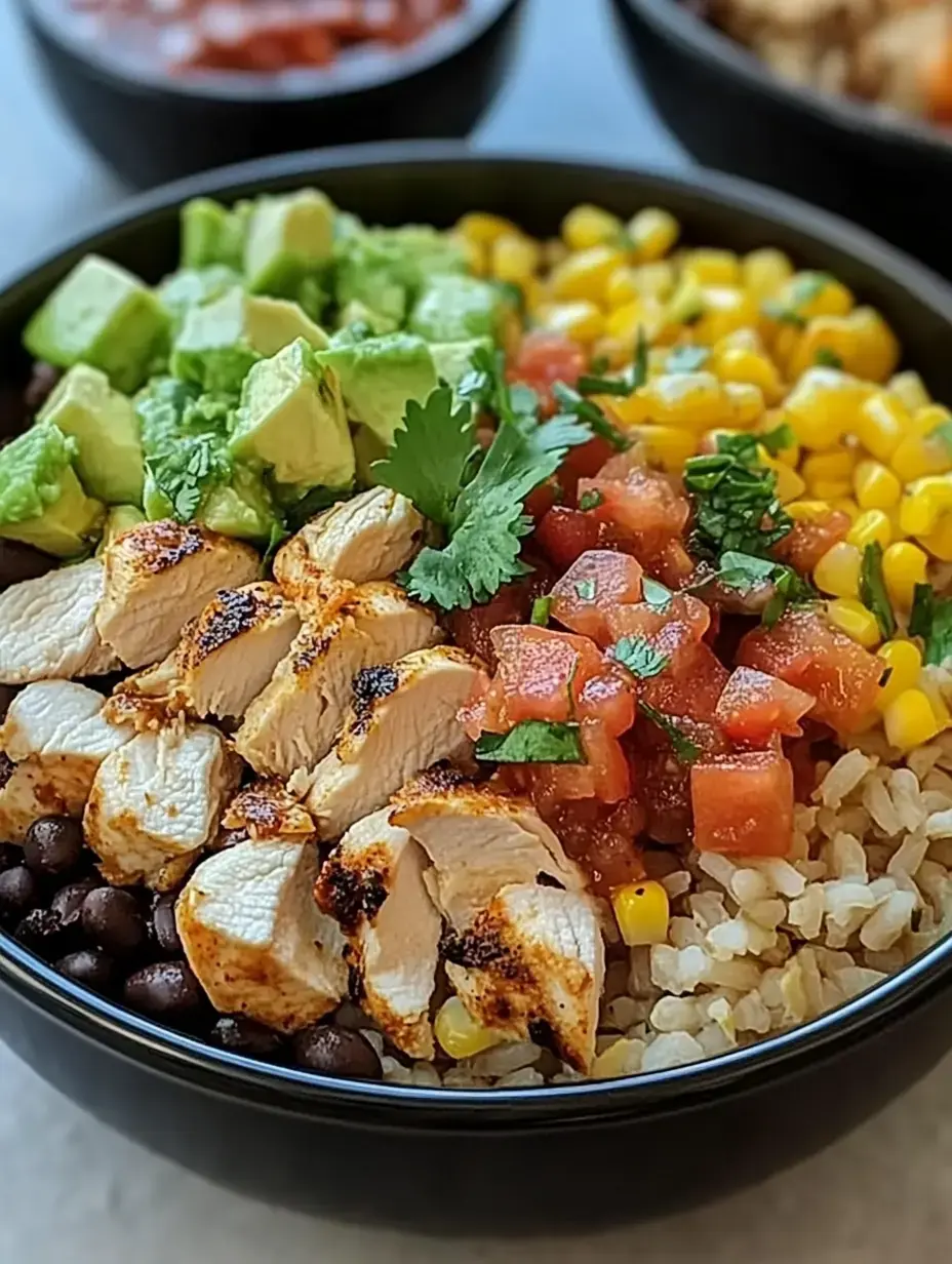 Bol noir garni de riz complet, lamelles de poulet doré, haricots noirs, maïs, dés de tomate, morceaux d’avocat, coriandre dessus.