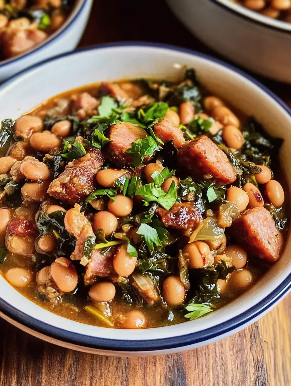 Un bon bol de haricots, chou, morceaux de viande et herbes fraîches sur une table en bois.